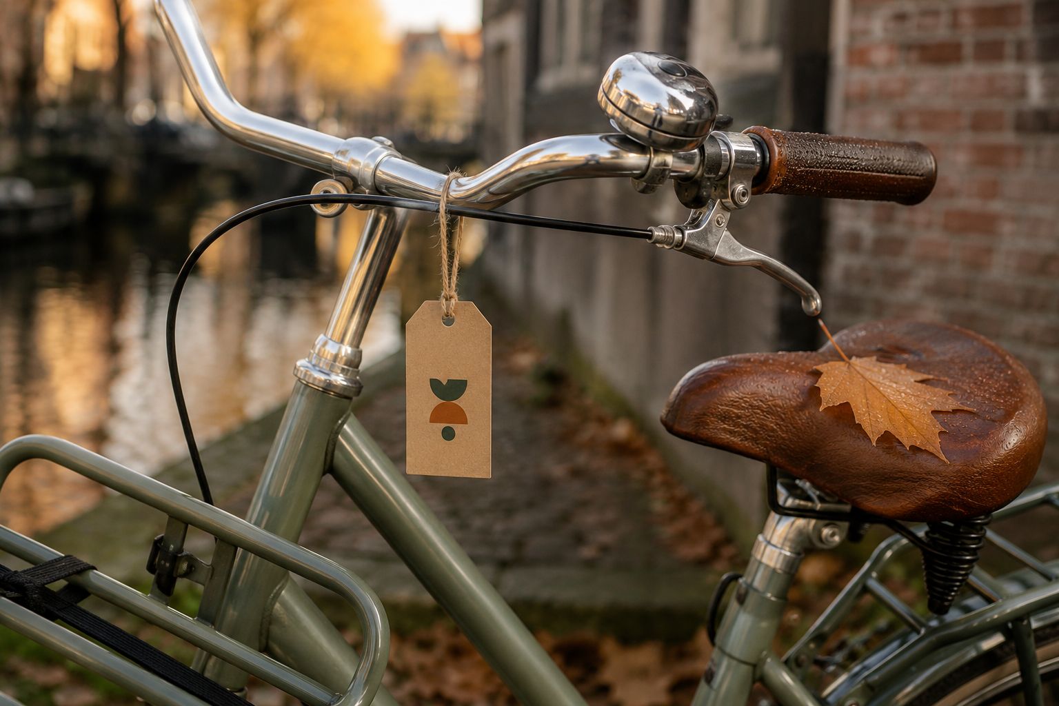 Een klein kraft onderhoudskaartje aan een touwtje aan het stuur van een net onderhouden groene stadsfiets in de ochtendzon, met een glanzende bel en een herfstblad op het leren zadel