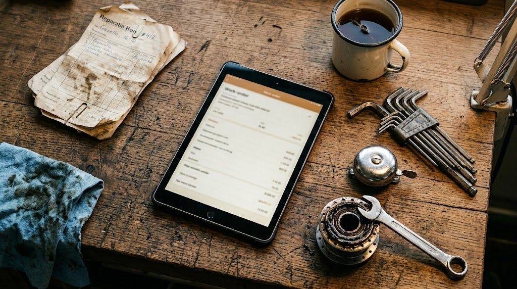 Werkbank van een Nederlandse fietswerkplaats: tablet met een digitale werkbon op het scherm, set inbussleutels, oude papieren werkbonnen aan de zijkant, een fietsbel en een mok thee onder warm werklamp-licht