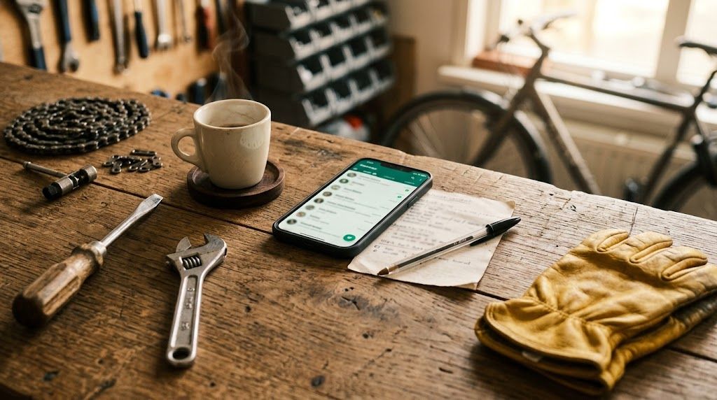 Fietsenmaker met smartphone en WhatsApp Business in werkplaats