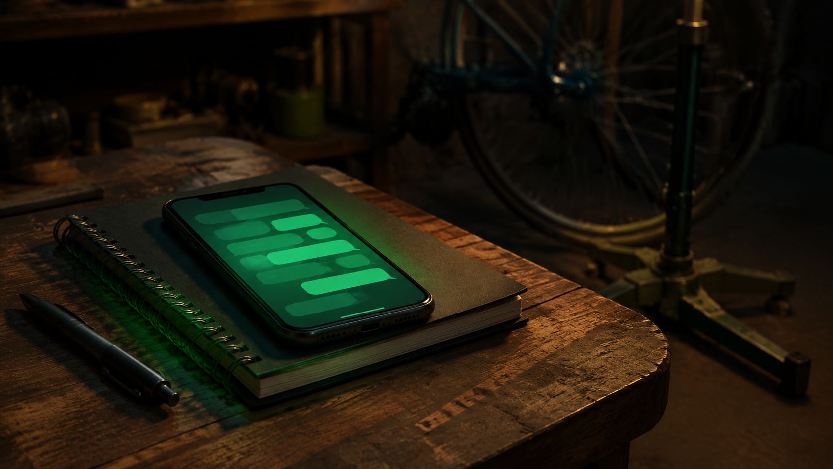 Fiets in een montagestandaard in een werkplaats, smartphone met een groene melding op de werkbank naast gereedschap