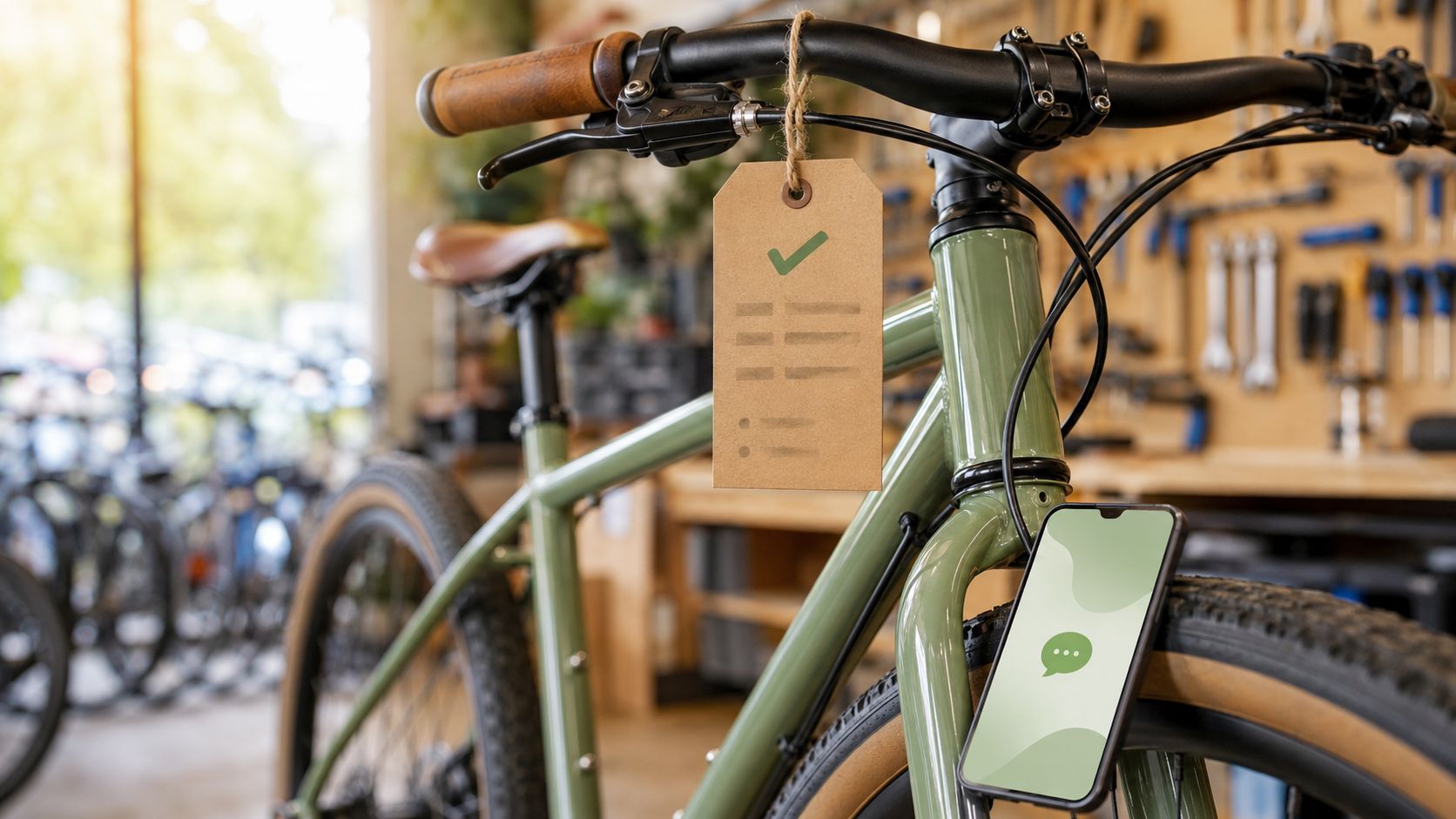 Hand met een smartphone met een WhatsApp-klaarmelding bij een net gerepareerde fiets voor een fietsenwinkel