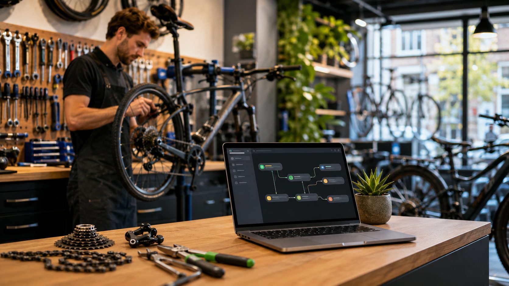 Workflow-builder canvas voor fietsenmakers