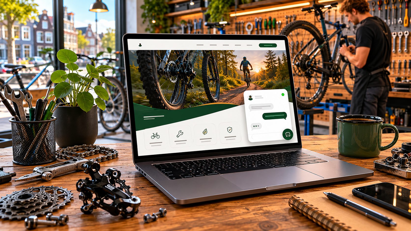 Laptop met chatbot widget voor fietsenmaker website