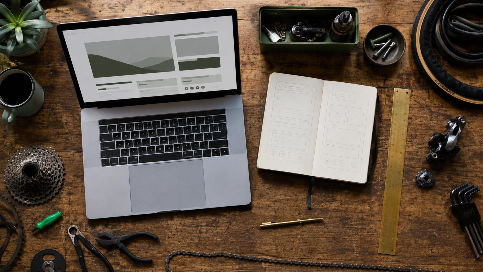Top-down flat-lay van fietsenmaker website ontwerpproces met wireframe schetsen