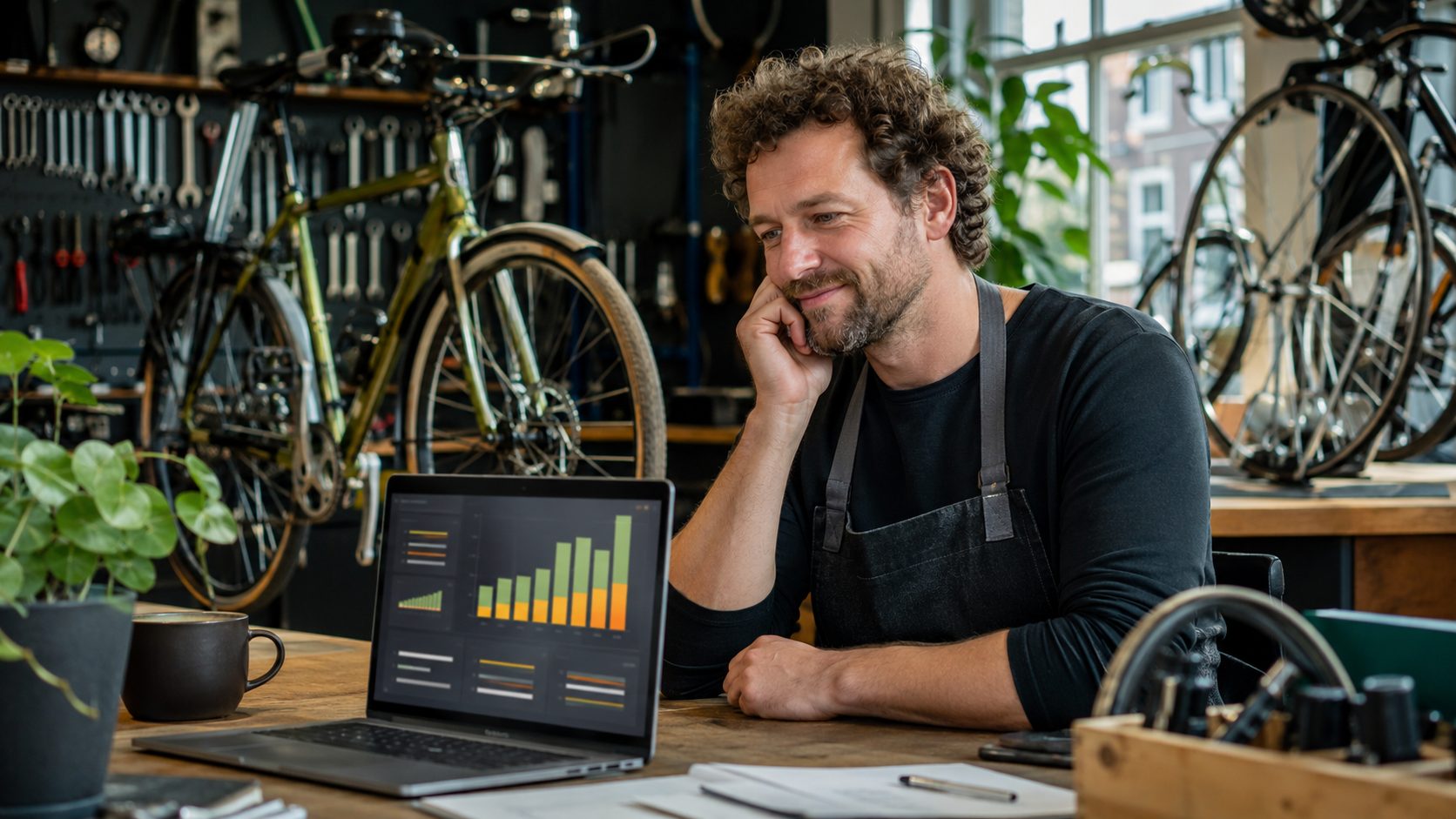 Fietsenmakers eigenaar bekijkt review analytics dashboard