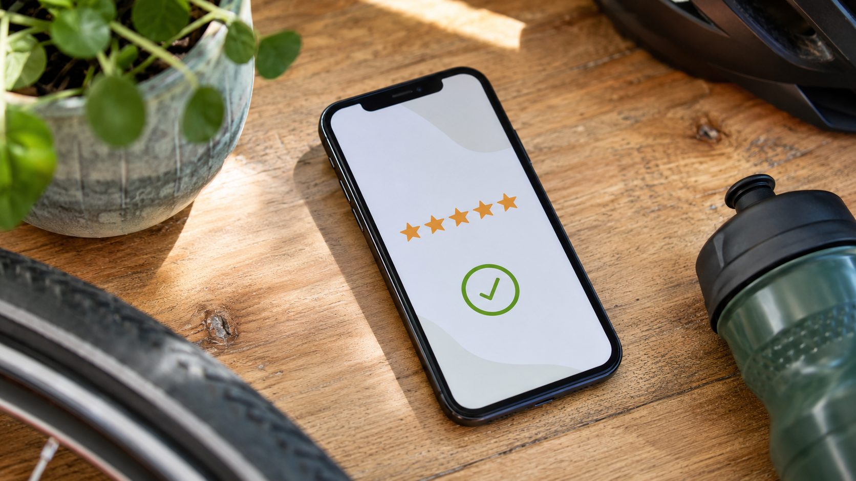5-sterren review op smartphone — Google review na fietsenmaker klus