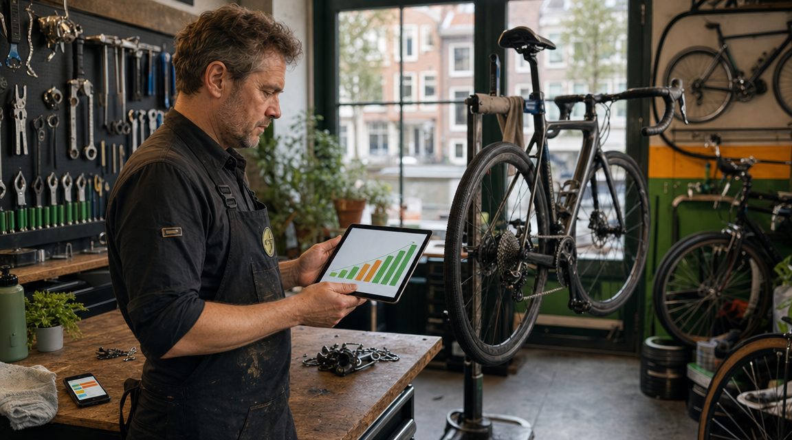 Fietsenmaker bekijkt SEO ranking-chart op tablet