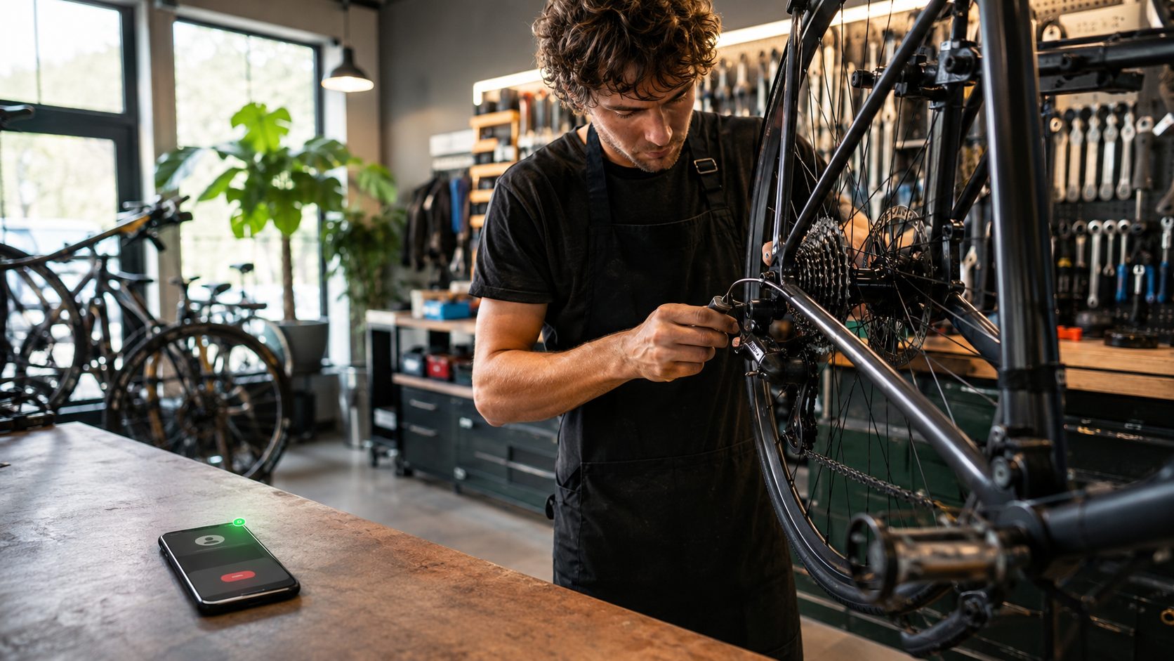 Fietsenmaker werkt terwijl Voice AI binnenkomende oproep beantwoordt
